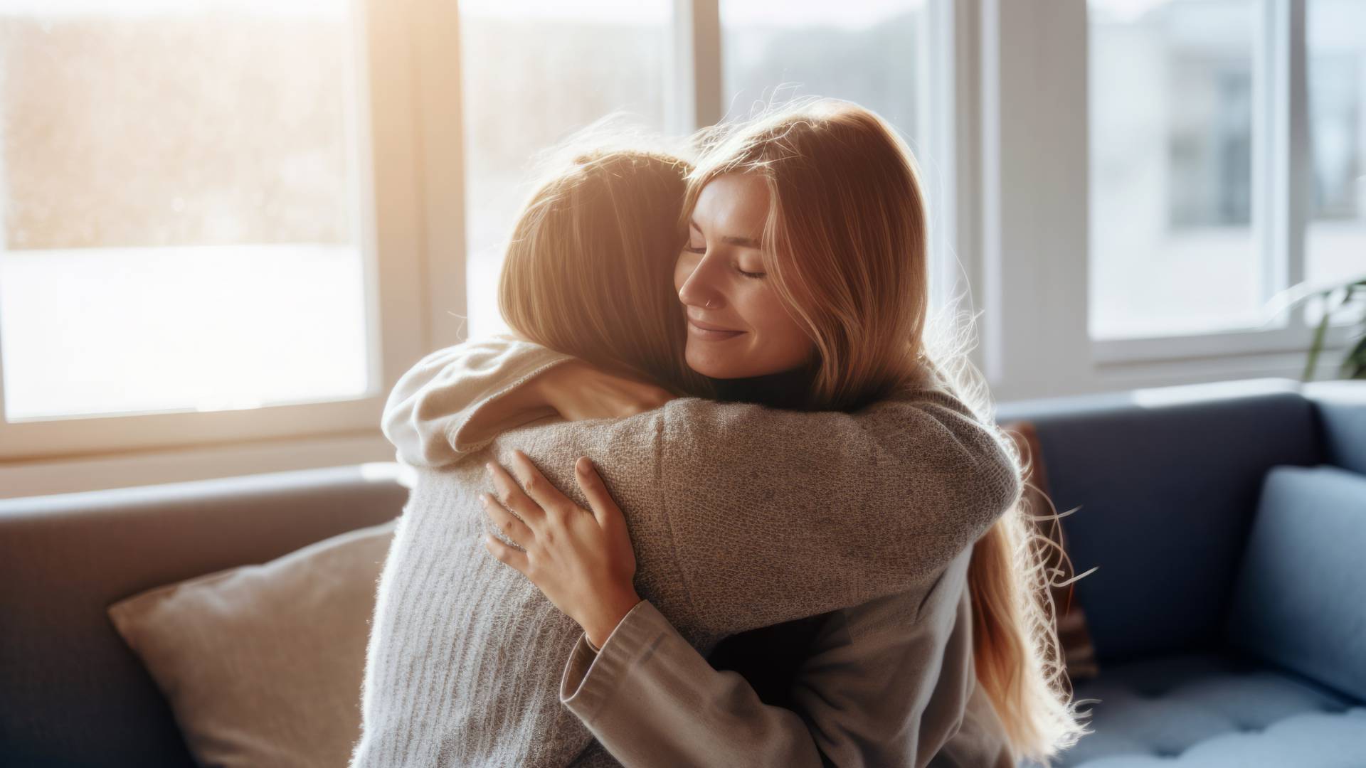 Two girlfriends embrace warmly